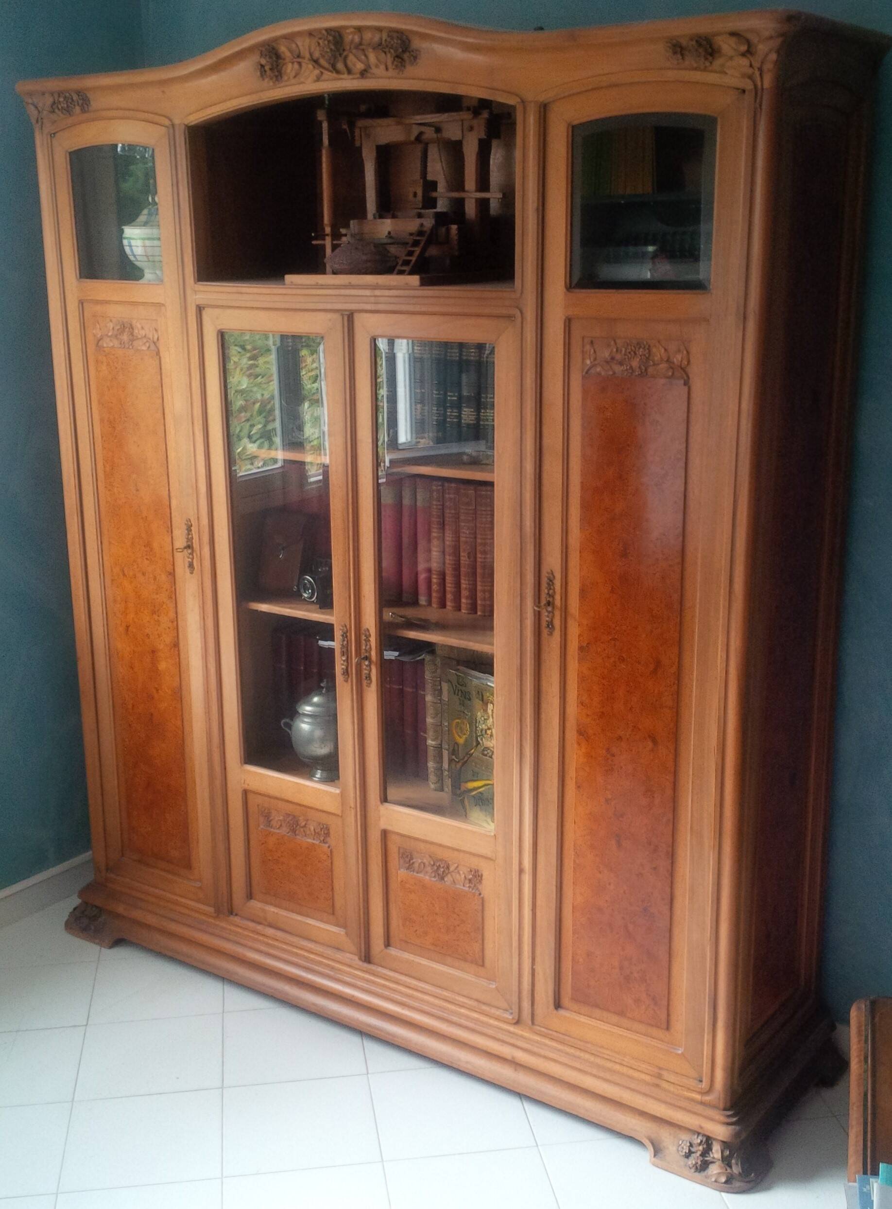 Art Nouveau glass library in walnut burl