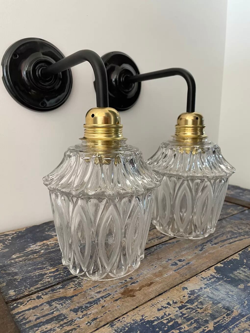 Pair of vintage electrified glass wall lamps