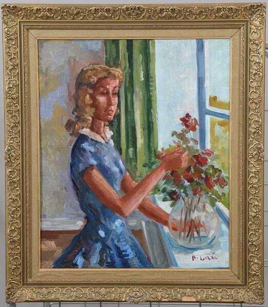 Original Swedish oil on canvas – “Woman with Flowers” by Bendt Lauritzen – signed, framed 82 × 72 cm (32.3" × 28.3")