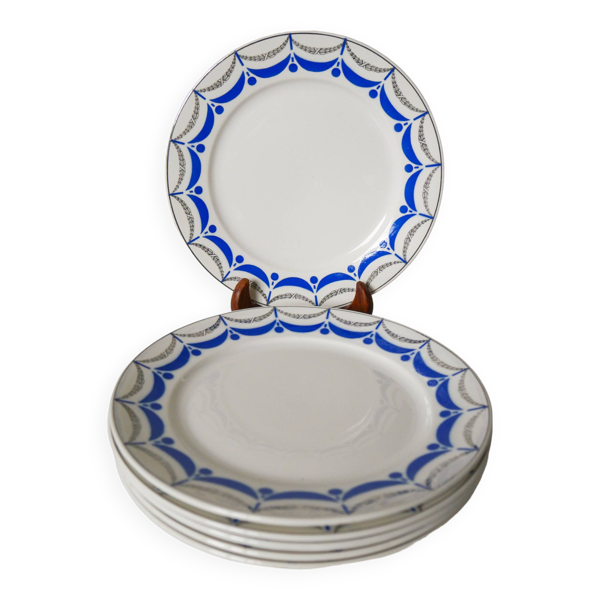 Lot de 6 assiettes plates digoin sarreguemines modèle bleu et argenté ''moulins'' 1950