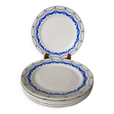Set of 6 digoin sarreguemines flat plates blue and silver model "moulins" 1950