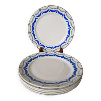 Set of 6 digoin sarreguemines flat plates blue and silver model "moulins" 1950