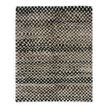 Tapis Tulu fait main à carreaux en beige, noir et noir, 100 % laine douce et confortable, tapis shaggy sur mesure pour intérieur moderne.
