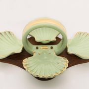 Vintage decorative plate in wood and ceramic with green shells, France, 1960s.