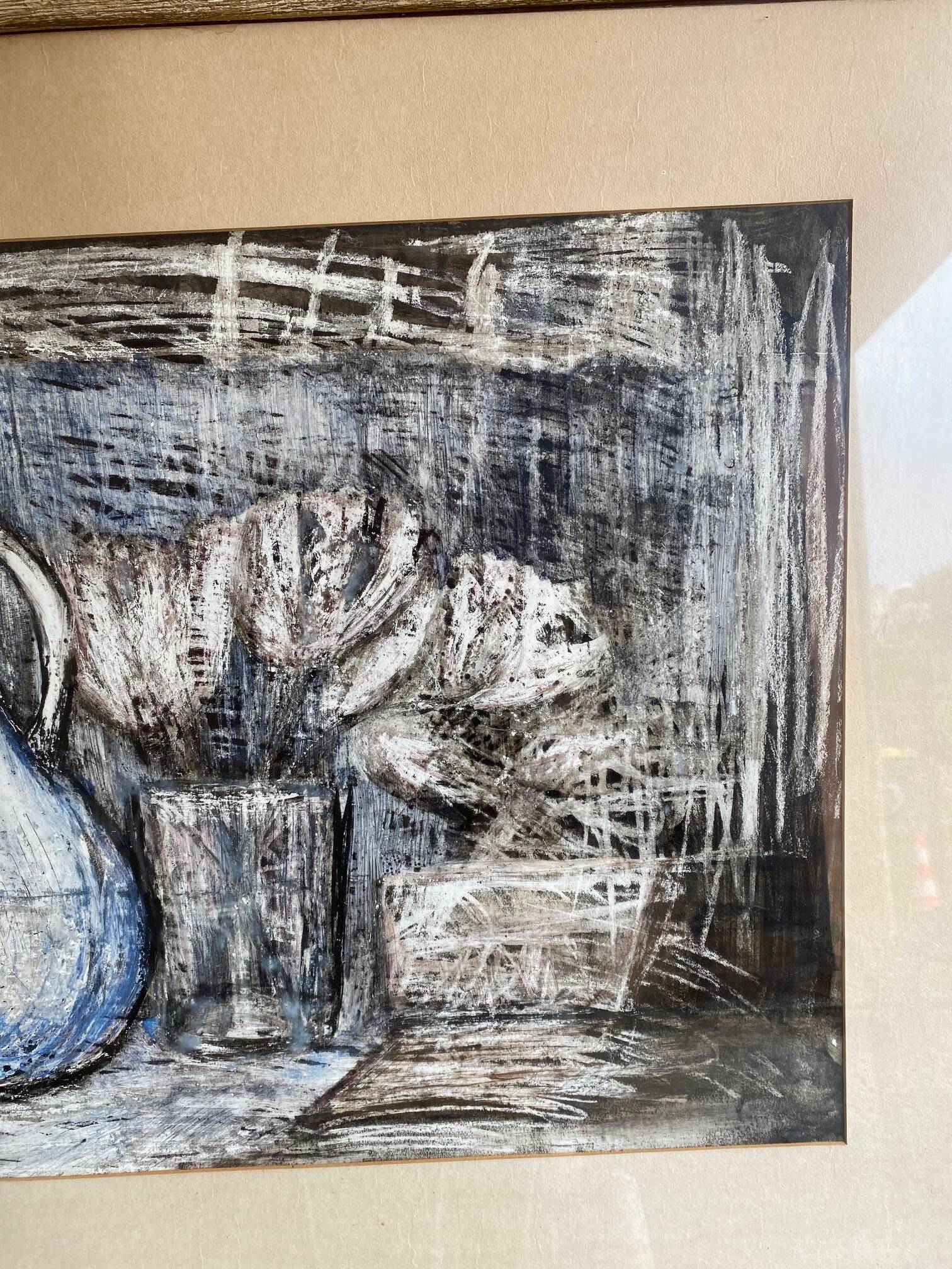 Still life modern gouache painting on paper signed and framed