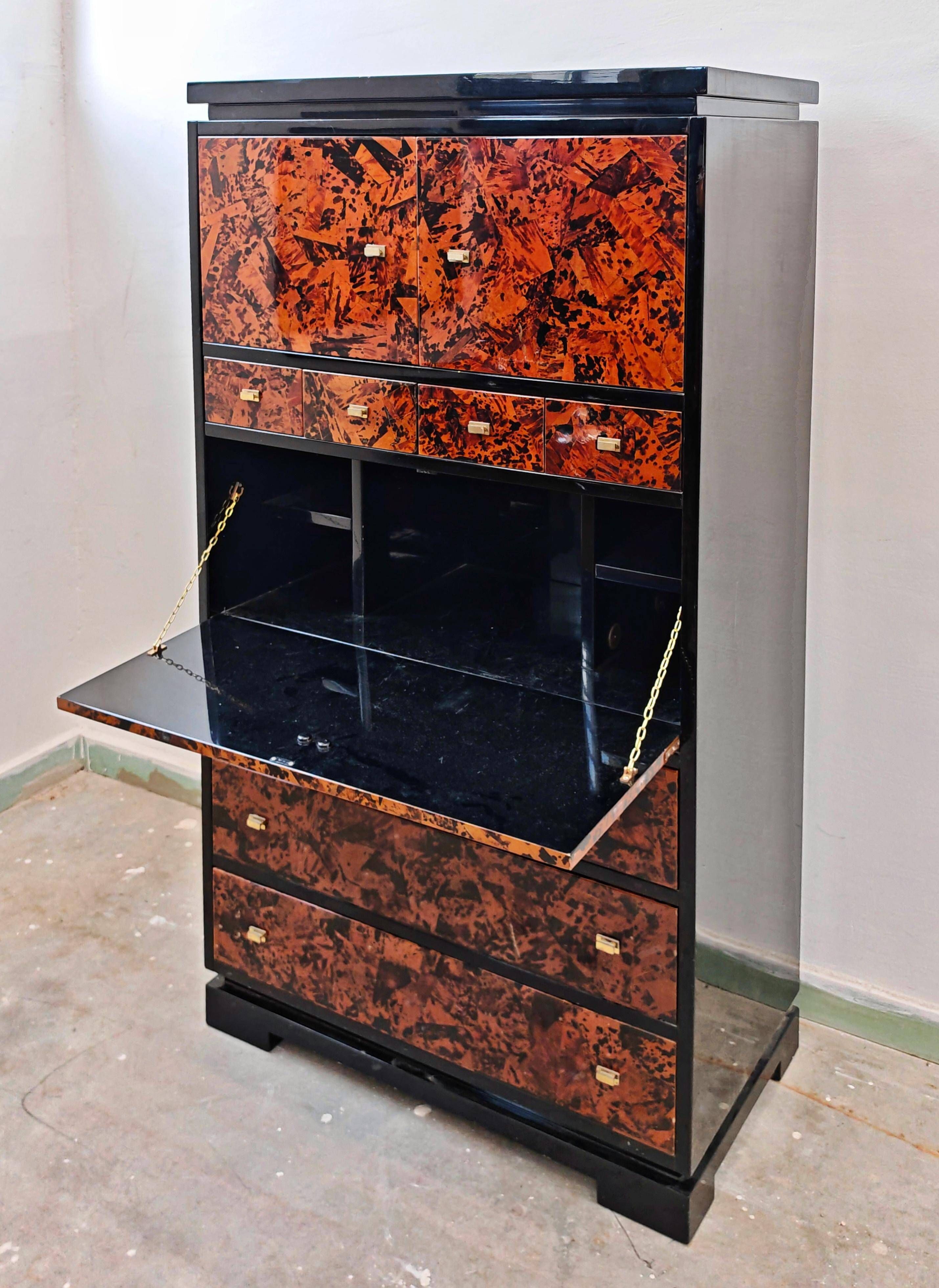 Mid Century Tall Boy or Secretary in tortoiseshell and lacquer by Ottini