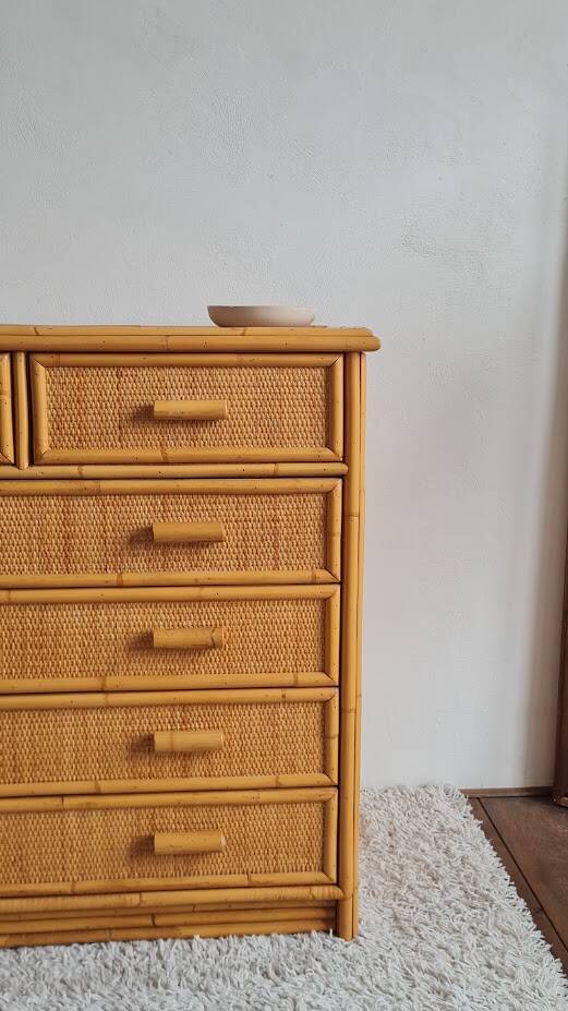 Vintage rattan chest of drawers from the 1970s.