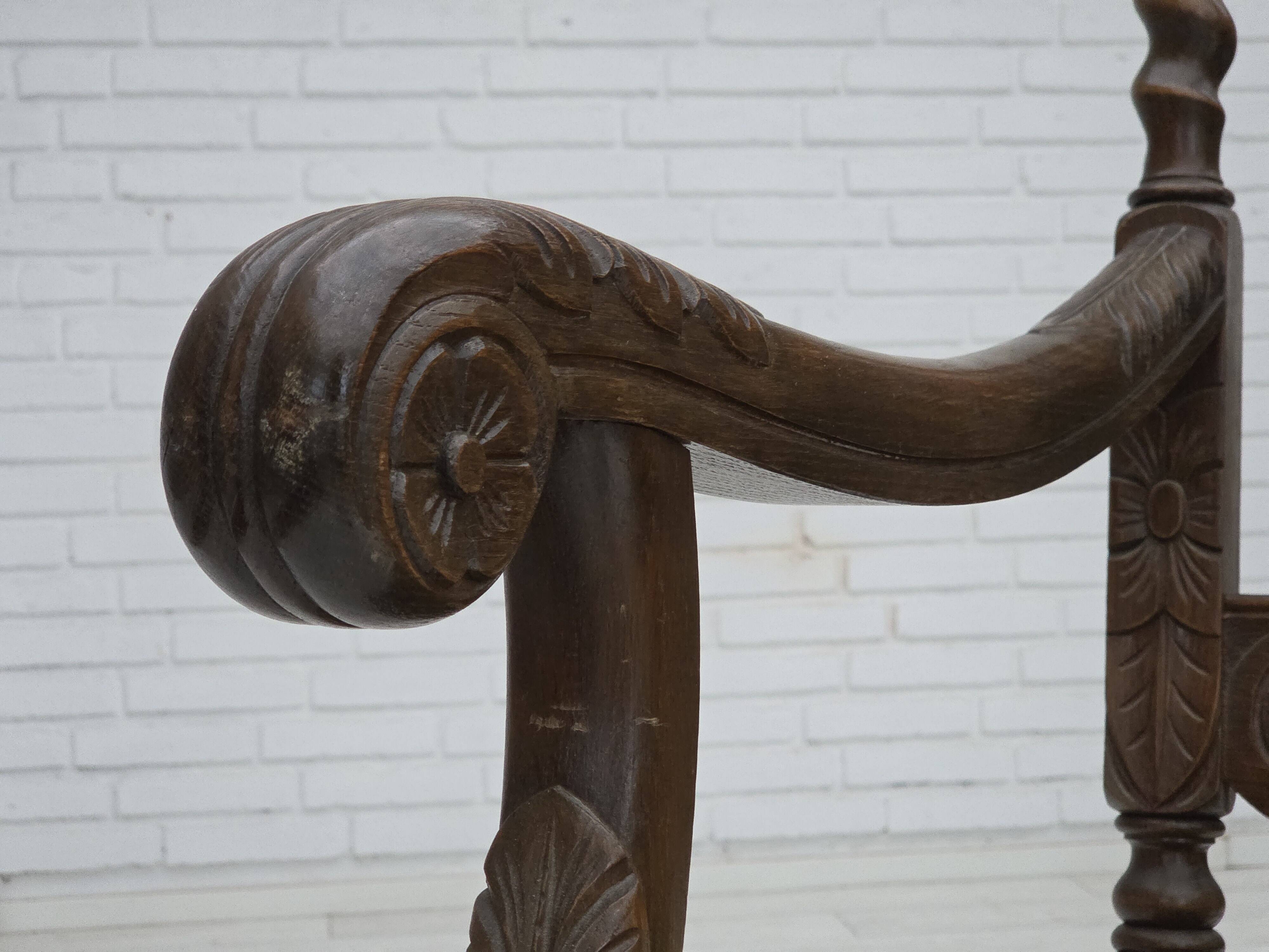 1930s, Danish highback armchair, furniture mesh, velour, carved oak wood.