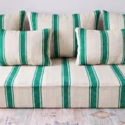 Emerald striped Moroccan living room set with pouf.