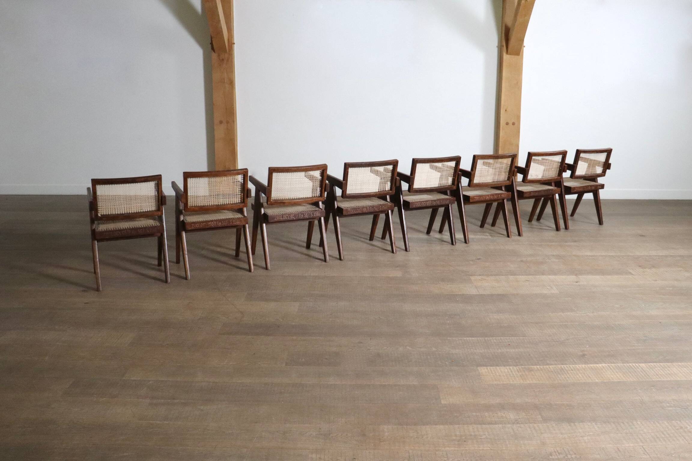 Set of 8 Pierre Jeanneret Office Cane Chairs, India 1950s