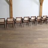 Set of 8 Pierre Jeanneret Office Cane Chairs, India 1950s