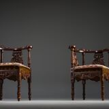 19th century Italian Renaissance style carved walnut corner chairs, set of 2