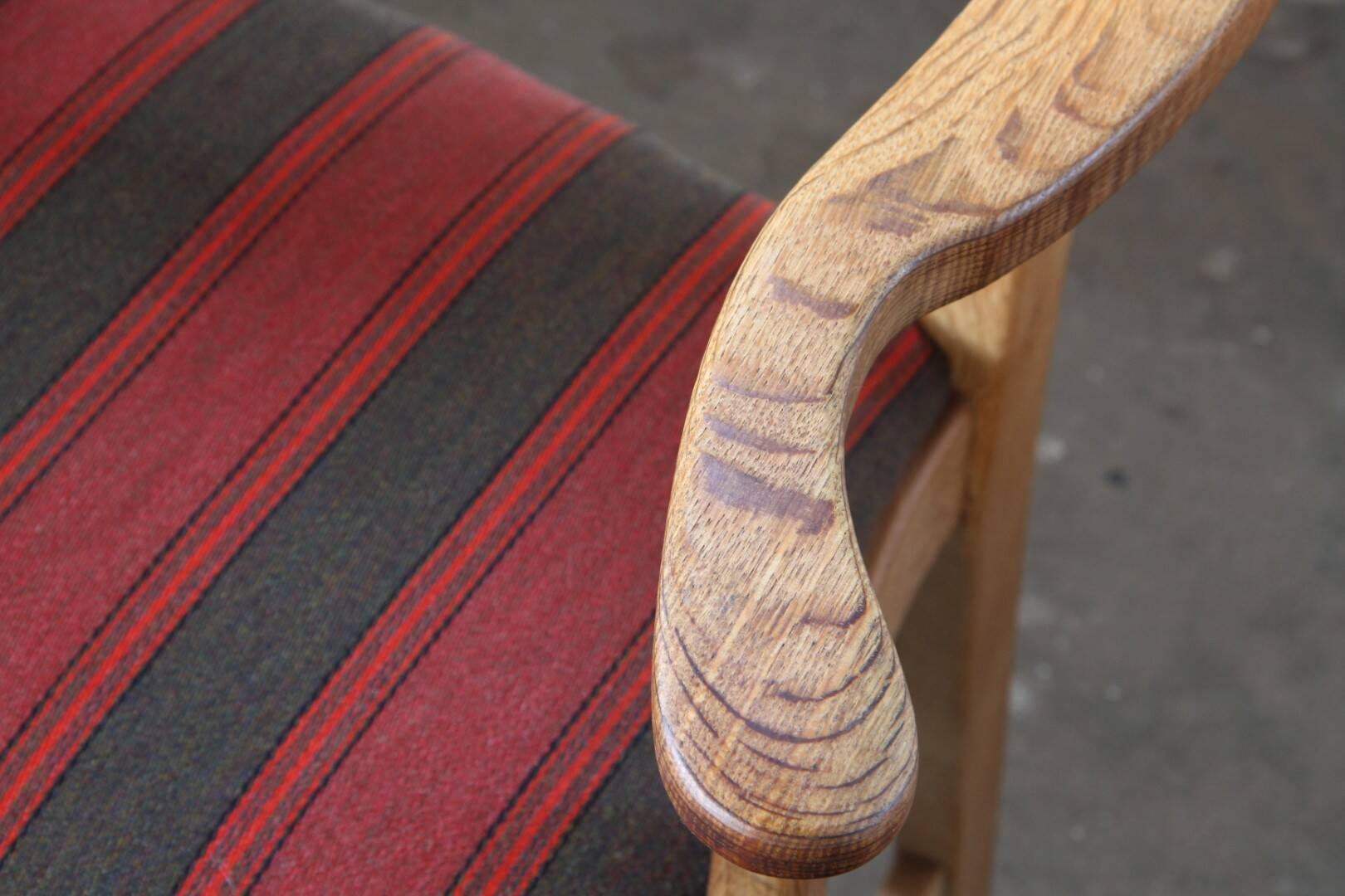 Vintage Brutalist Oak Razorblade Red Striped Armchair by H. Kjærnulf, 1960s