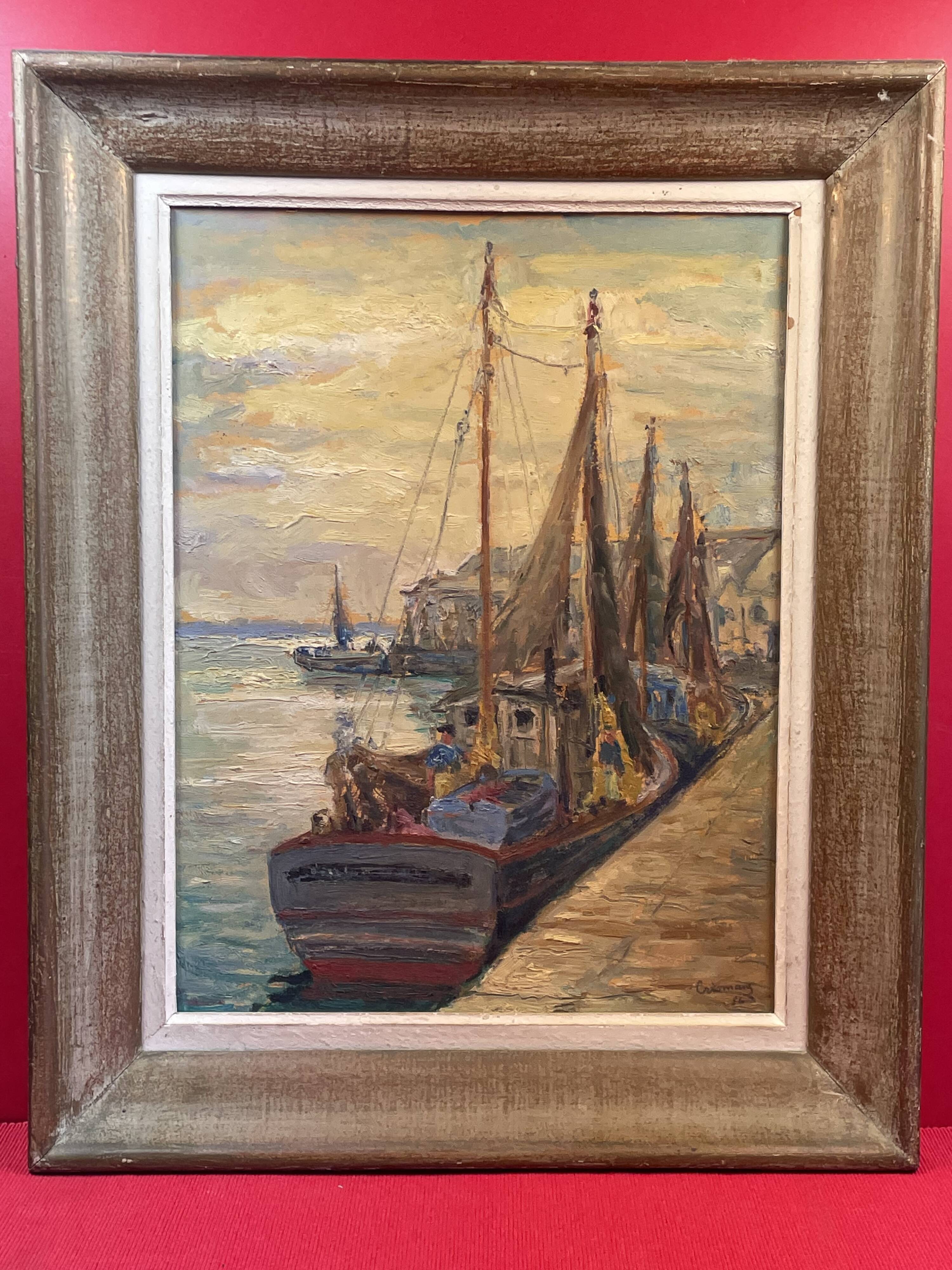 oil on panel signed Crismane - Fishing port, Brittany