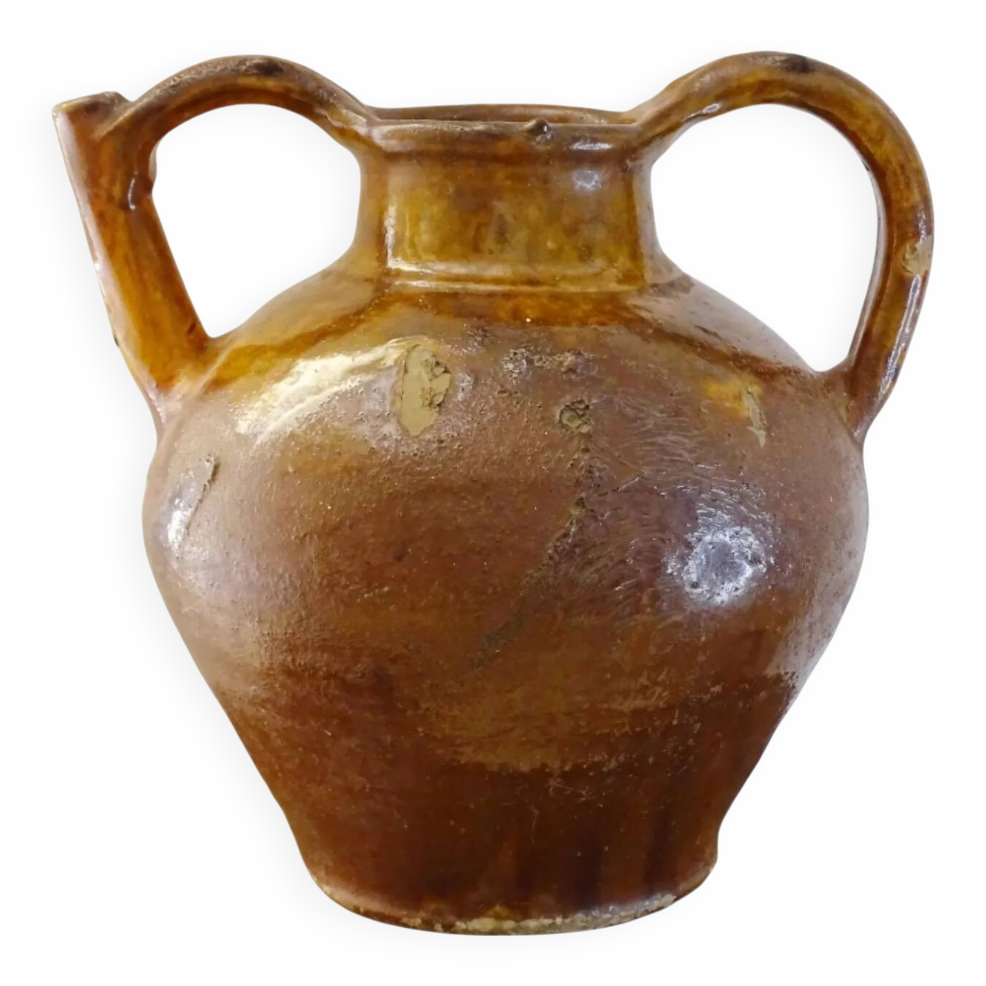 Céramique ancienne française en orjol ou cruche à glaçure rouge et jaune