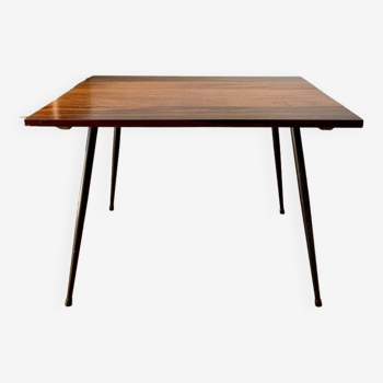 table basse en bois et pieds compas design années 70