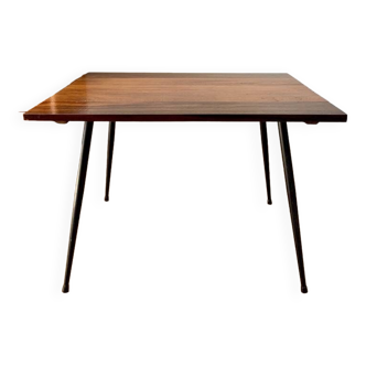 table basse en bois et pieds compas design années 70