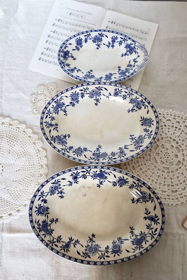 3 plats de service ovales - Service porcelaine Dresden - Motif fleuri