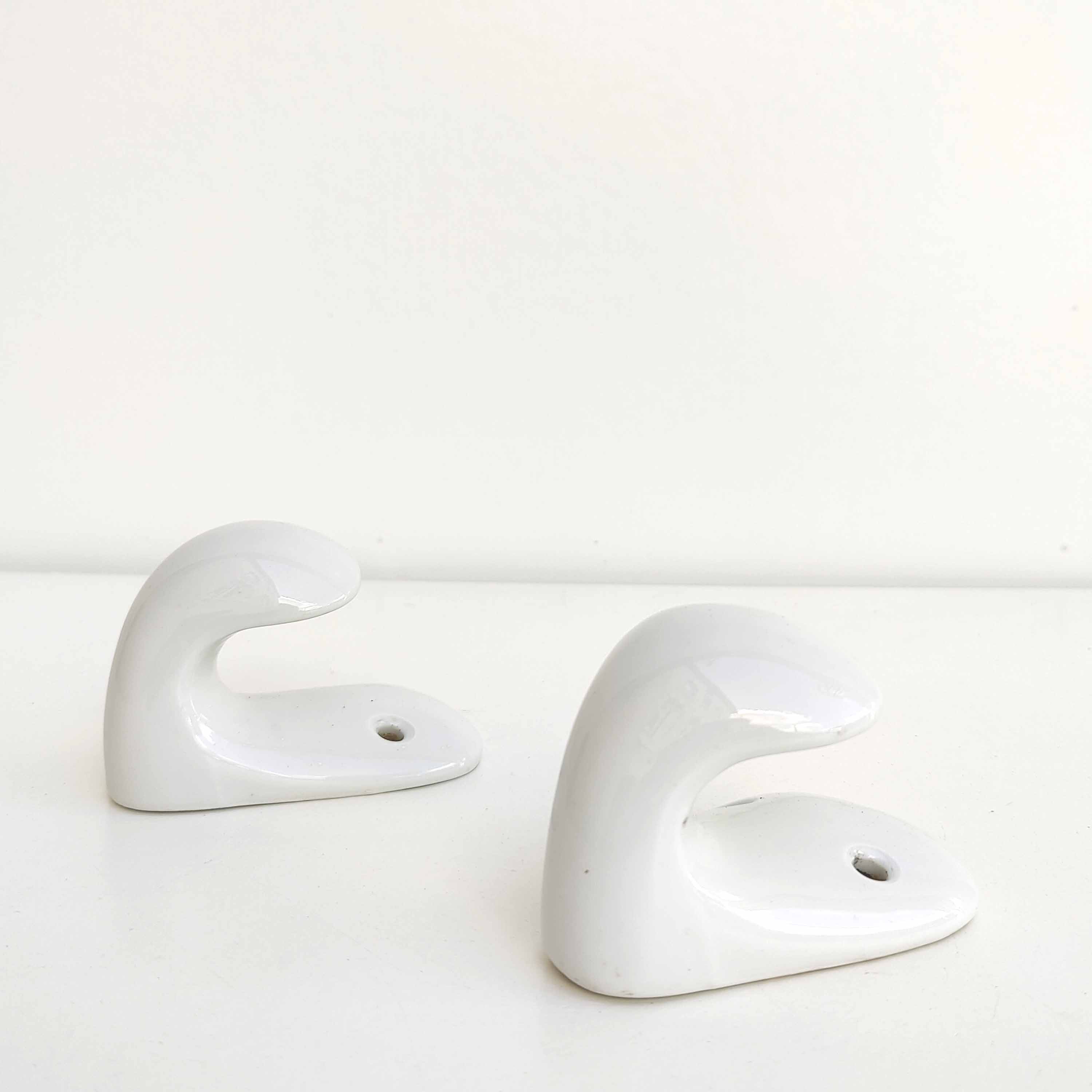 Pair of bathroom hooks or kitchen in white ceramic 1950