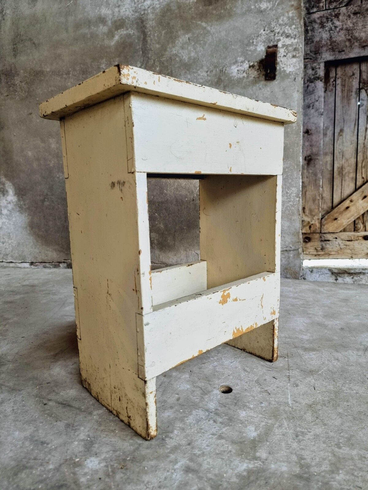 Vintage wooden stool side table creamy white