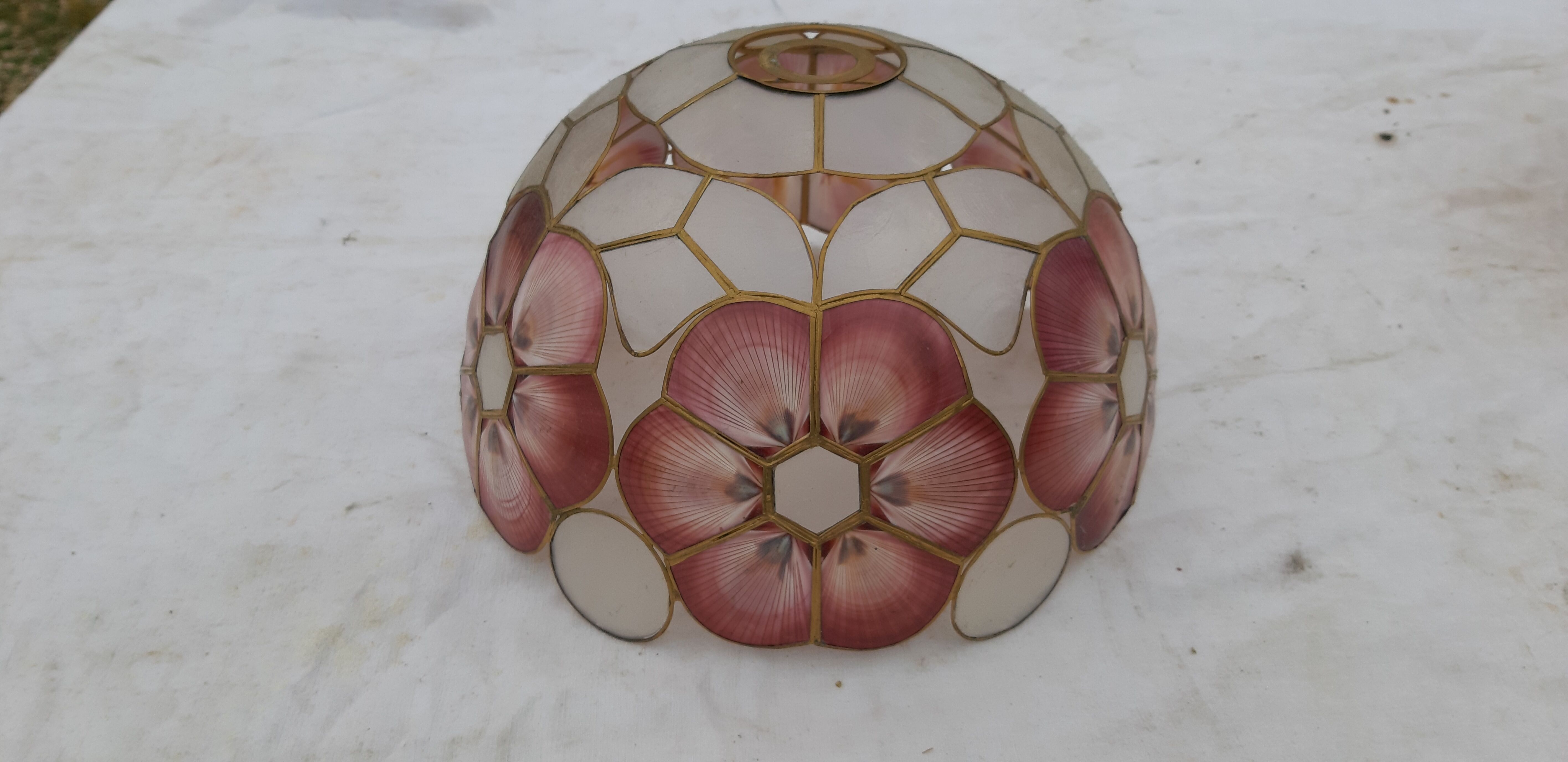 Pair of vintage pendant lamps in brass mother-of-pearl and shells