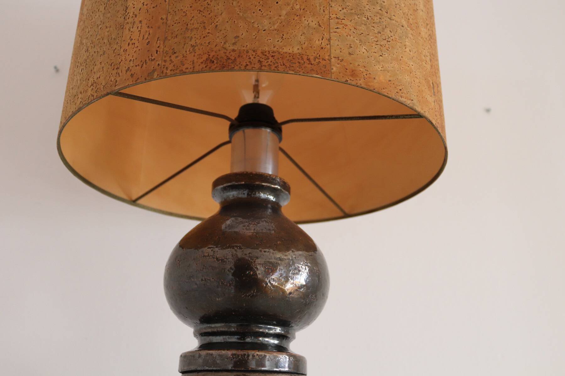 Italian Ceramic Table Lamp by Aldo Londi with Cork Lampshade, 1960
