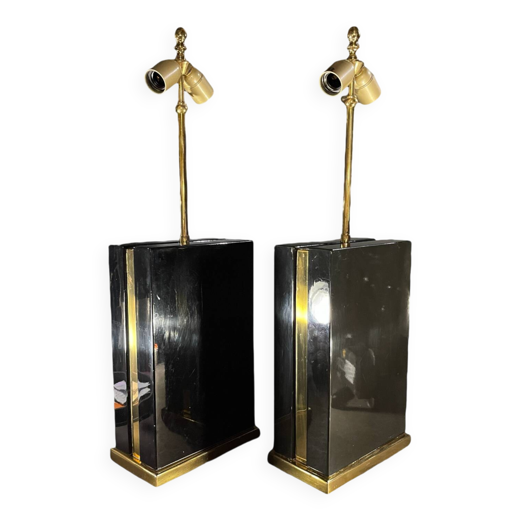 Pair of black lacquered and brass table lamps, circa 1970