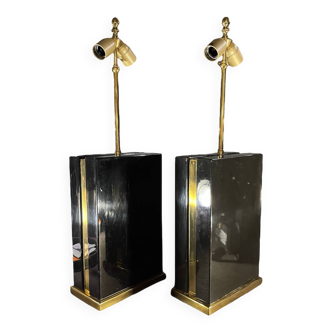 Pair of black lacquered and brass table lamps, circa 1970