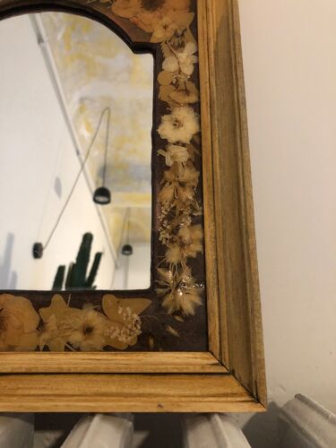 Miroir ancien bois résine et fleurs séchées 29x35cm