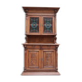 Henri II style double body in worked oak, original leaded stained glass windows