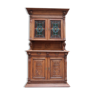 Henri II style double body in worked oak, original leaded stained glass windows