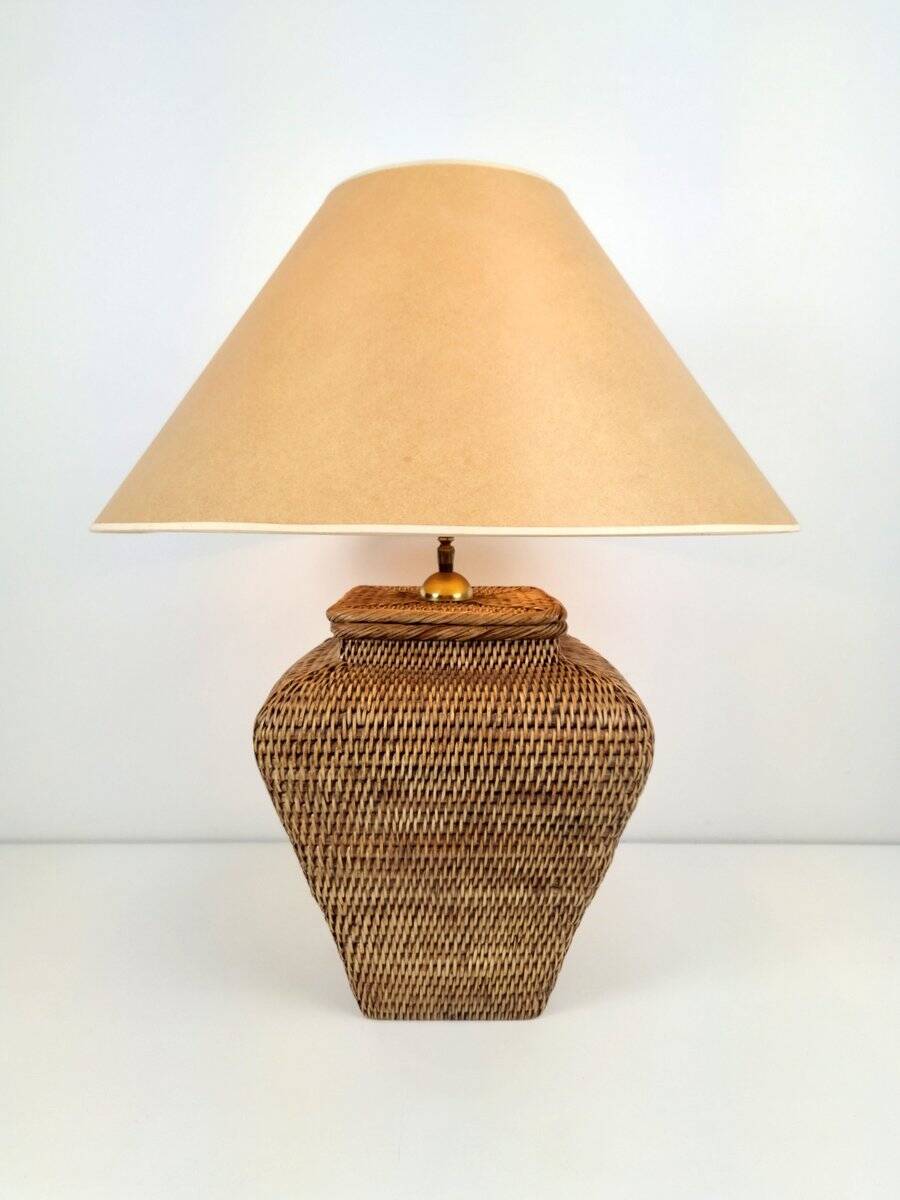 Large Hand Woven Wicker Rattan Table Lamp, France, 1970s