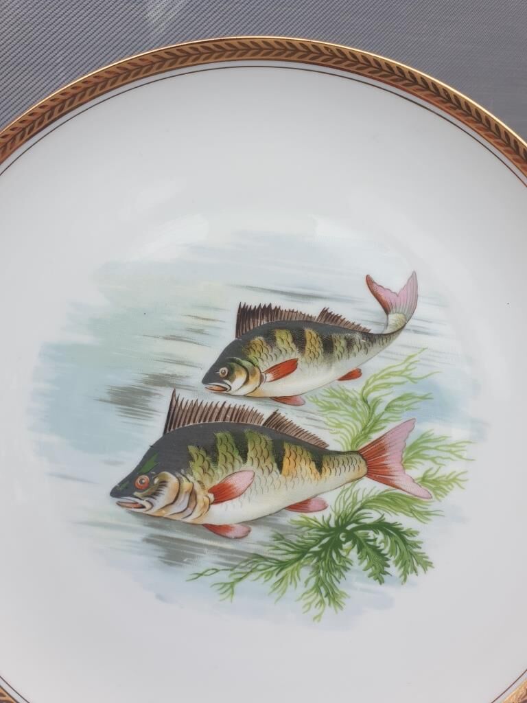 Set 12 plates porcelain fish edge laurel gold Bernardaud