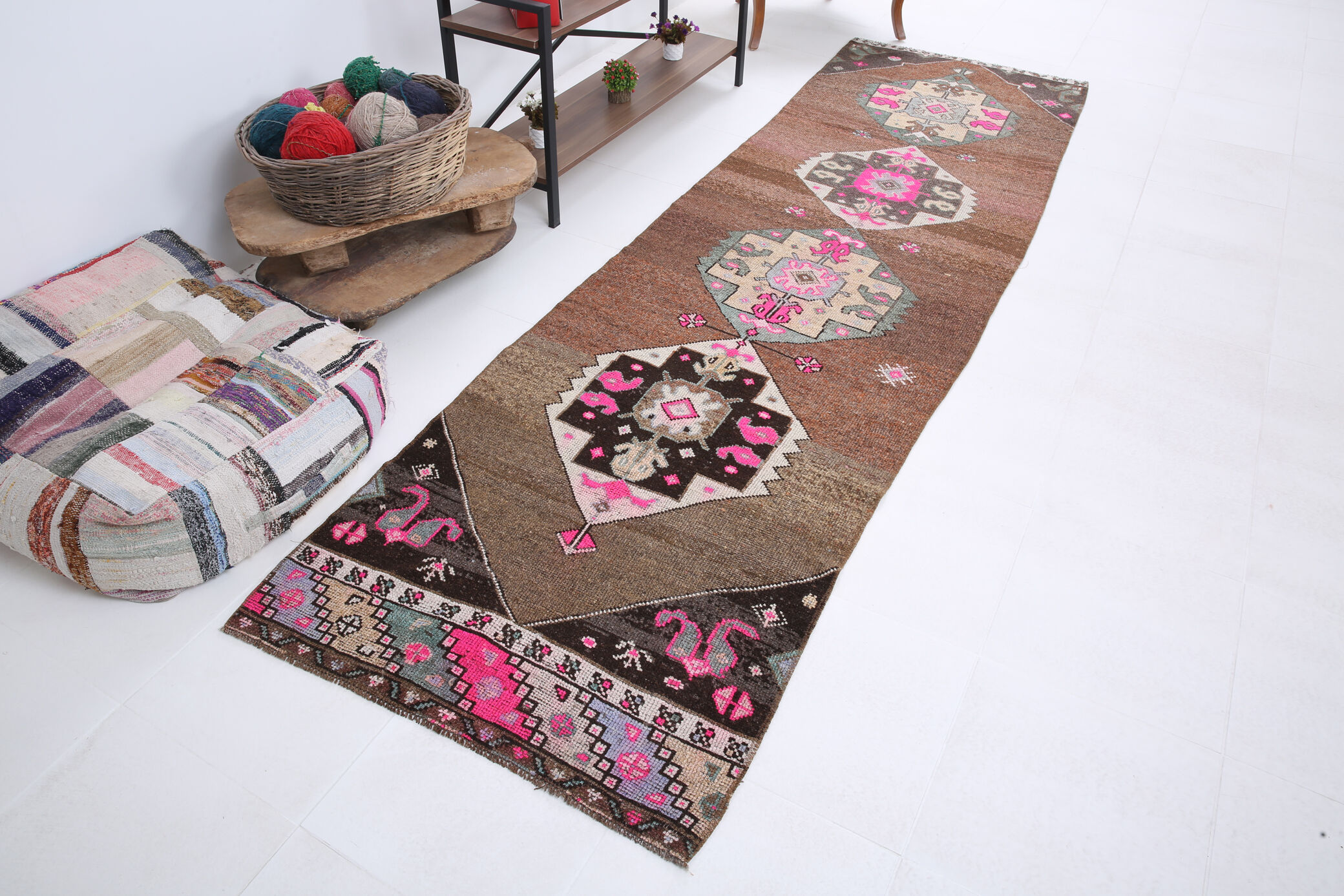 Geometric brown oushak runner rug, 97x326cm