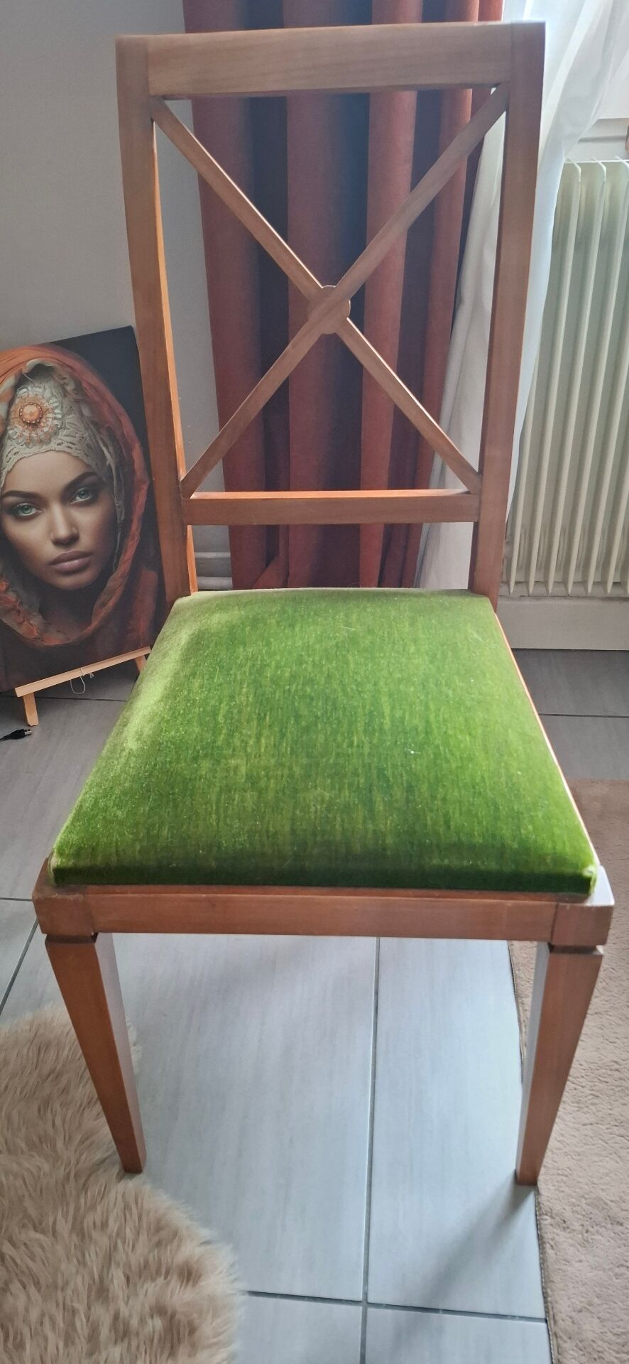 6 Chaises bois assise velours vert