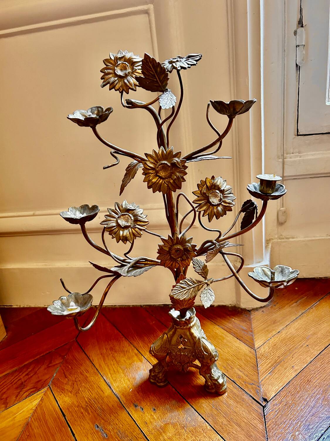 Antique metal candlestick with floral decoration – Mexico