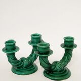 Pair of twisted green ceramic double candlesticks, 1960.