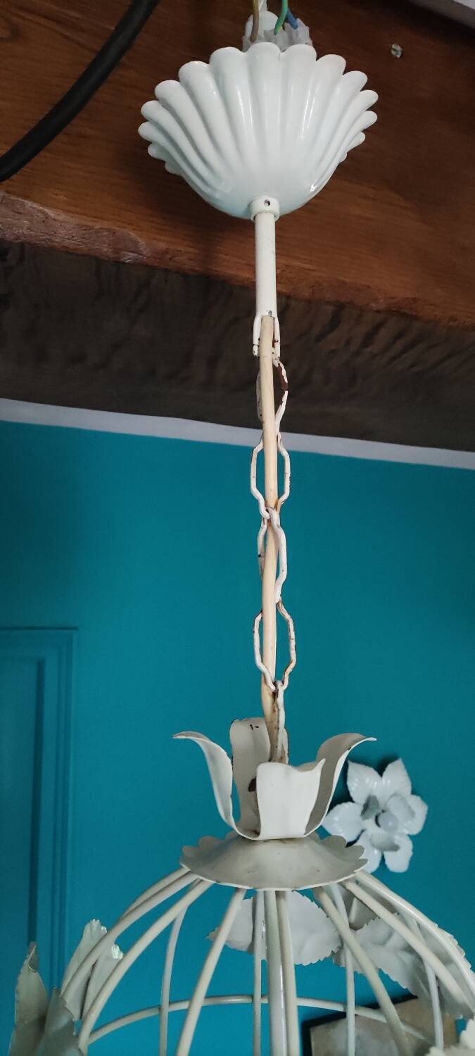 Vintage chandelier cage birds flowers white metal