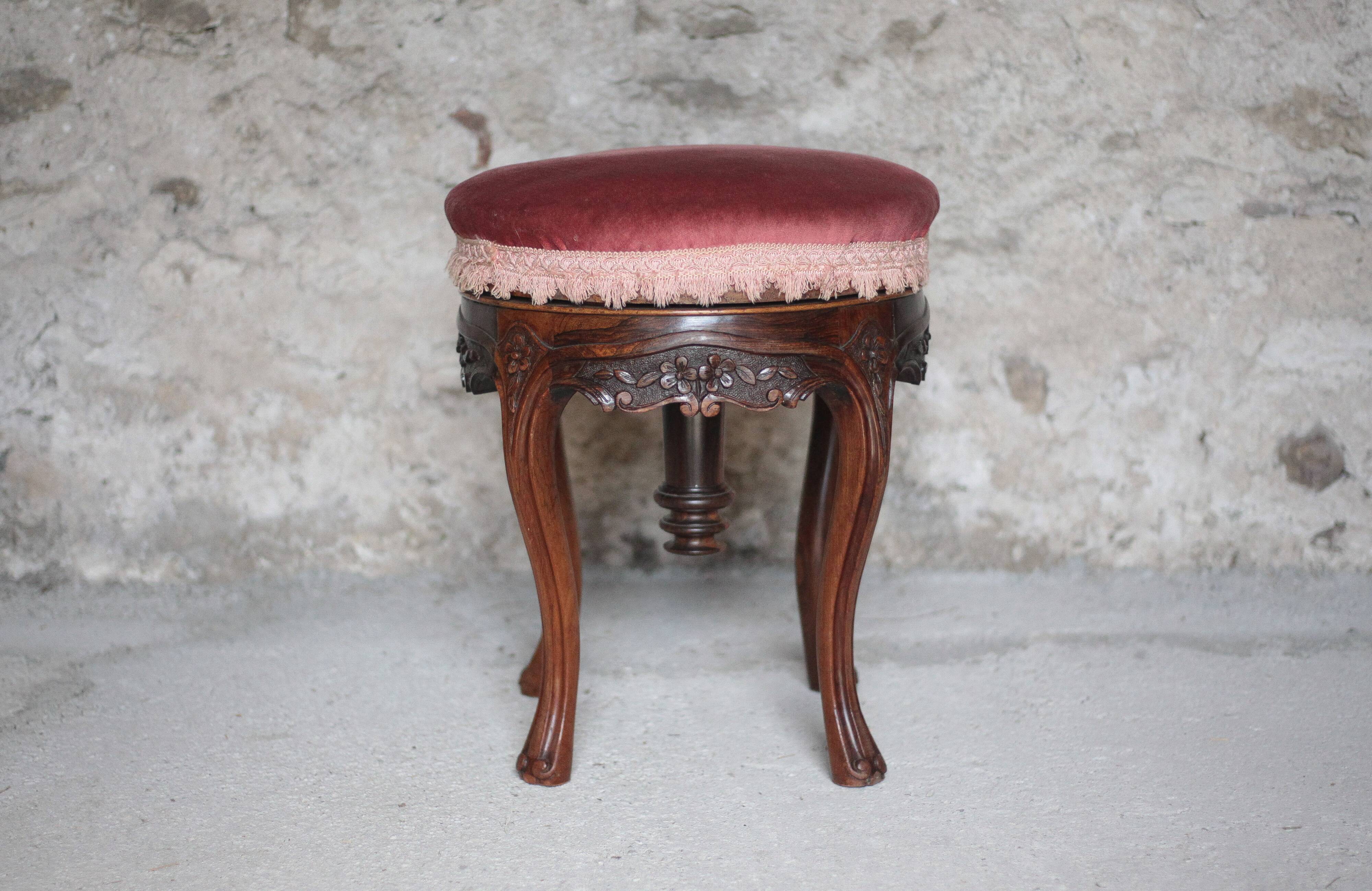 Victorian style stool, wooden and pink velvet stool, piano stool