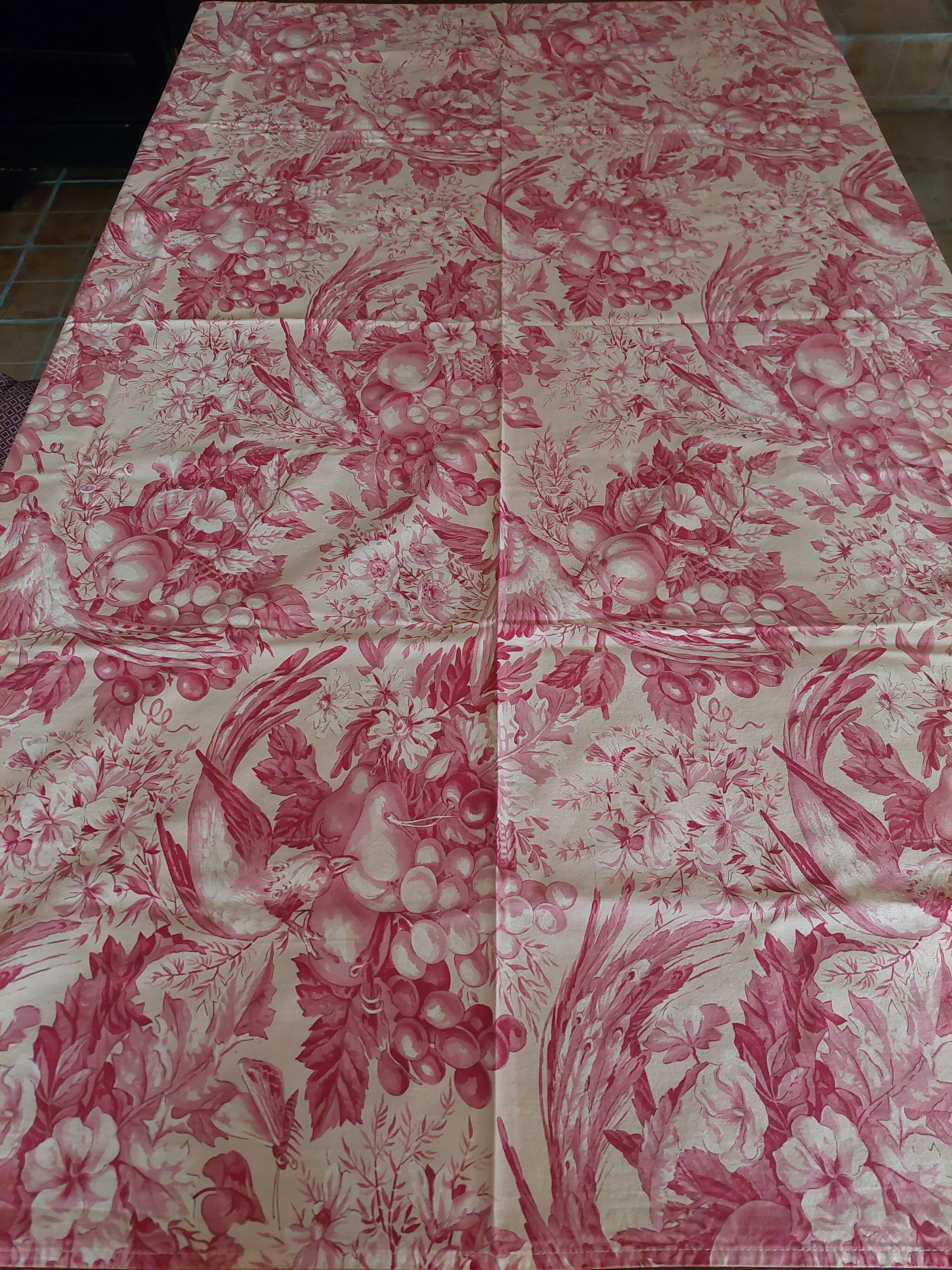 Vintage cotton tablecloth with birds and pink flowers 135 X 145 cm
