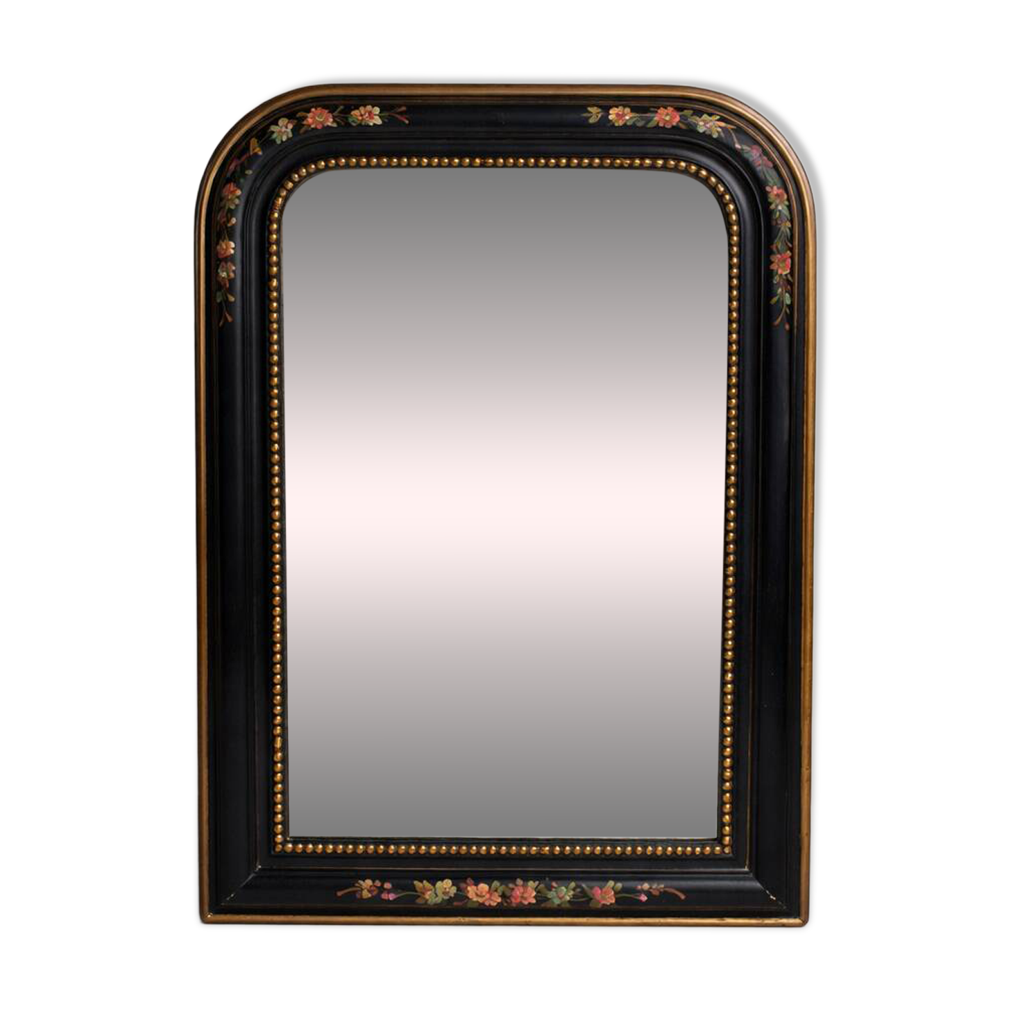 Antique Napoleon III mirror, black frame with hand-painted floral decoration – 19th century