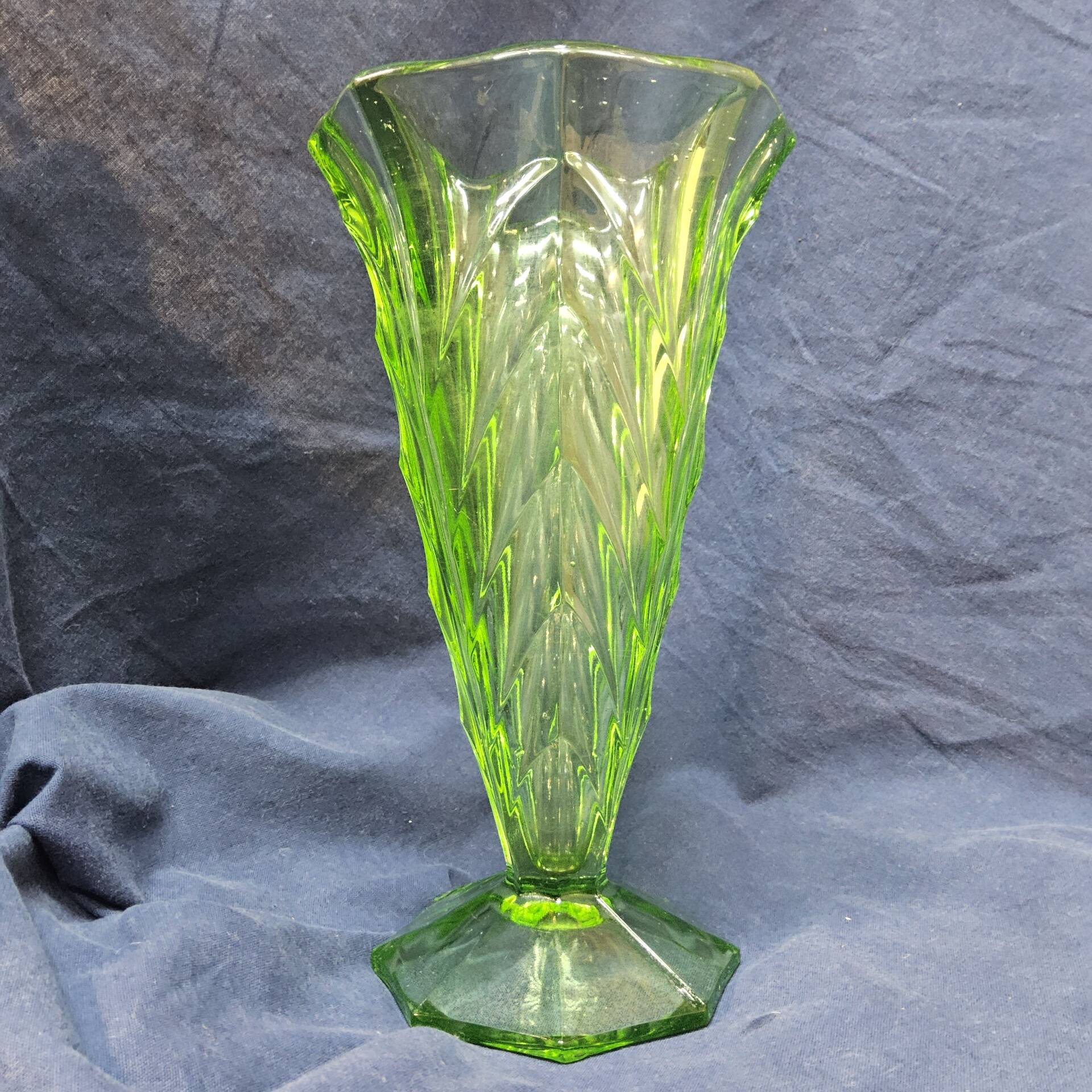 Antique Art Deco Bohemian uranium vase / geometric glass