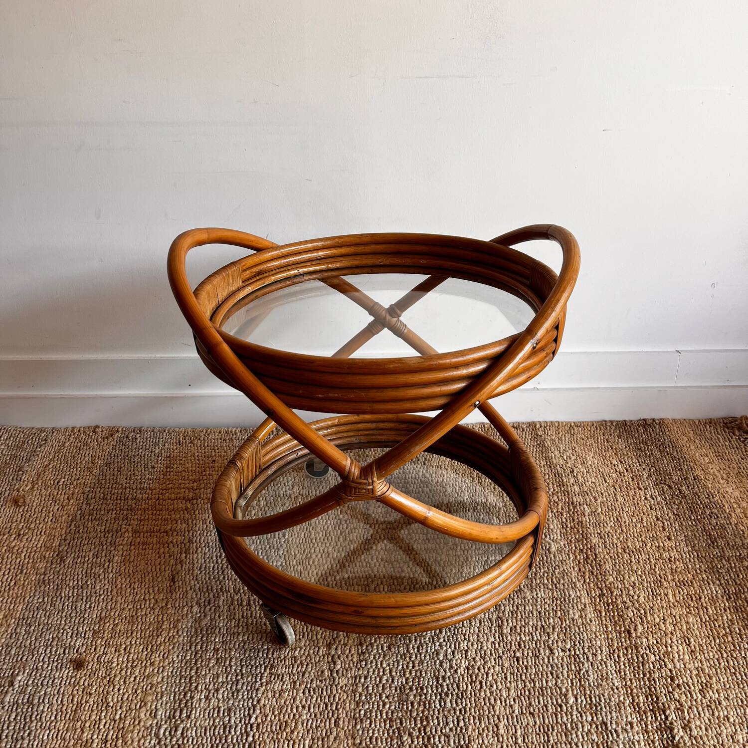 Chariot à dessert en rotin et bambou style Mid Century