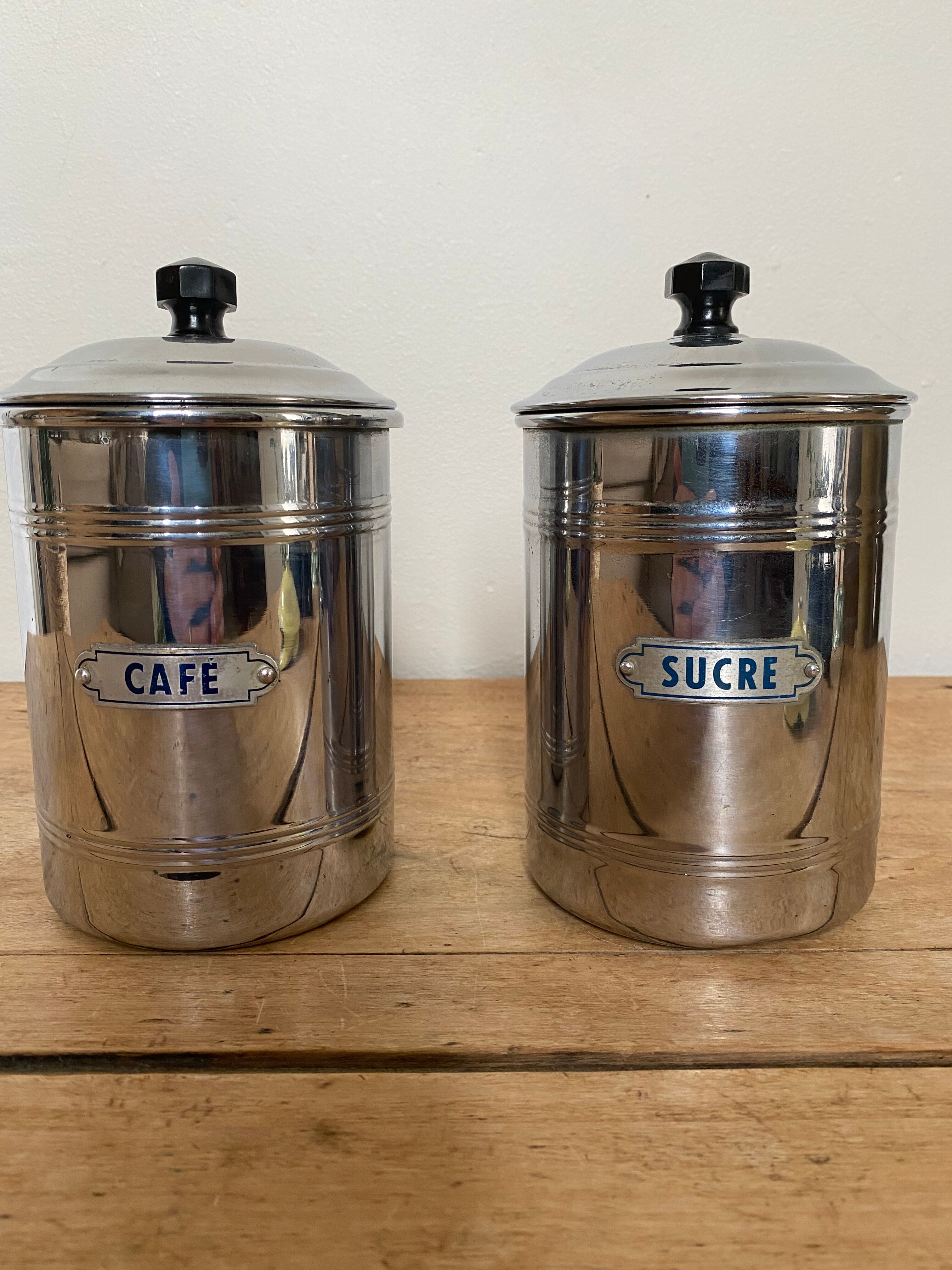 Set of two chrome-plated copper coffee/sugar jars stamped