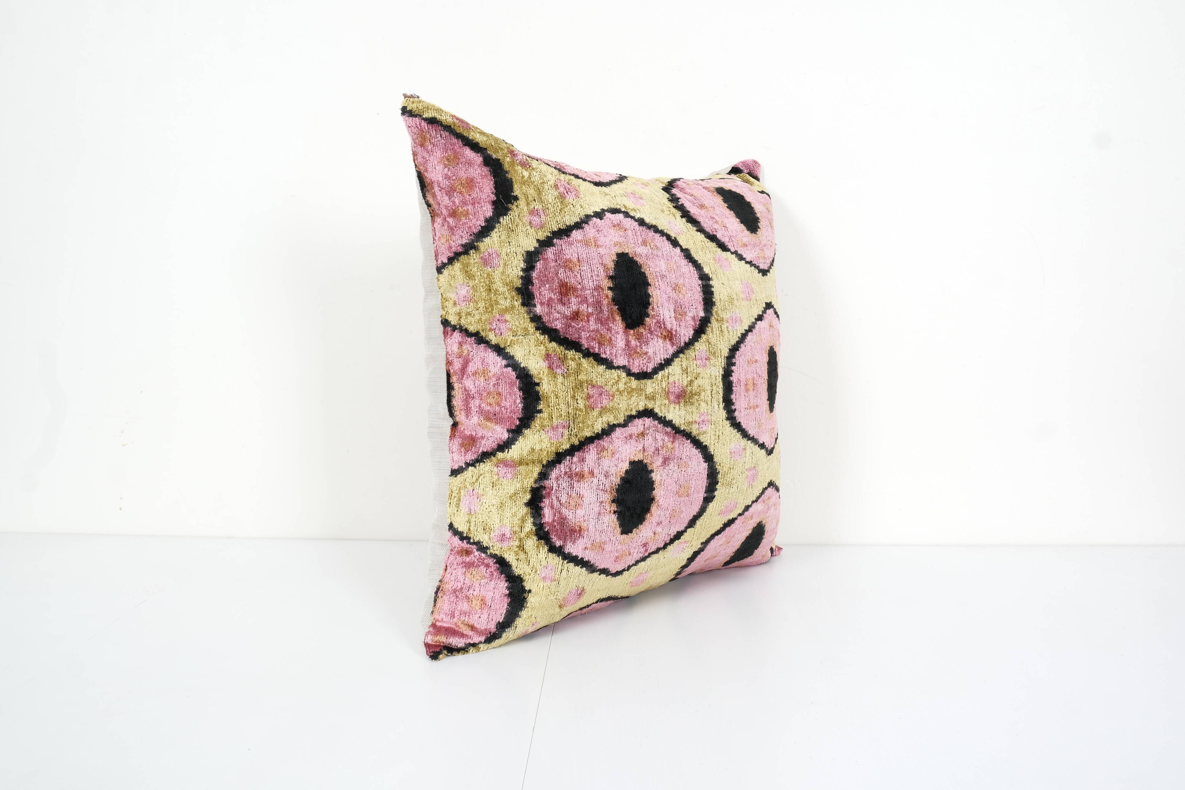 Pink Silk Ikat Velvet Pillow, Christmas Gift Cushion, Tribal Square Silk Ikat Pillow 23" x 23"