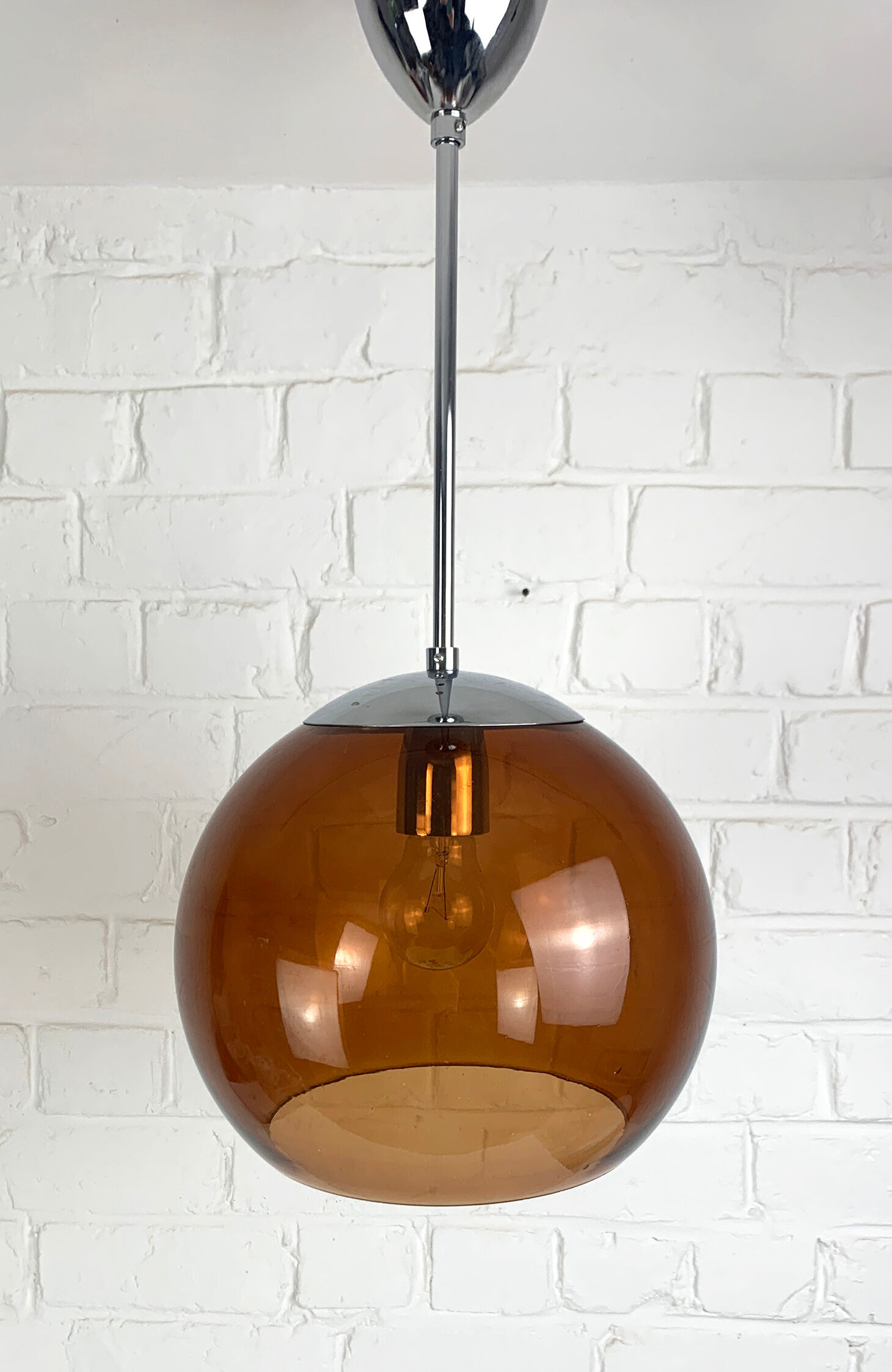 Pendant lamp ball Space Age amber glass chrome 1970s