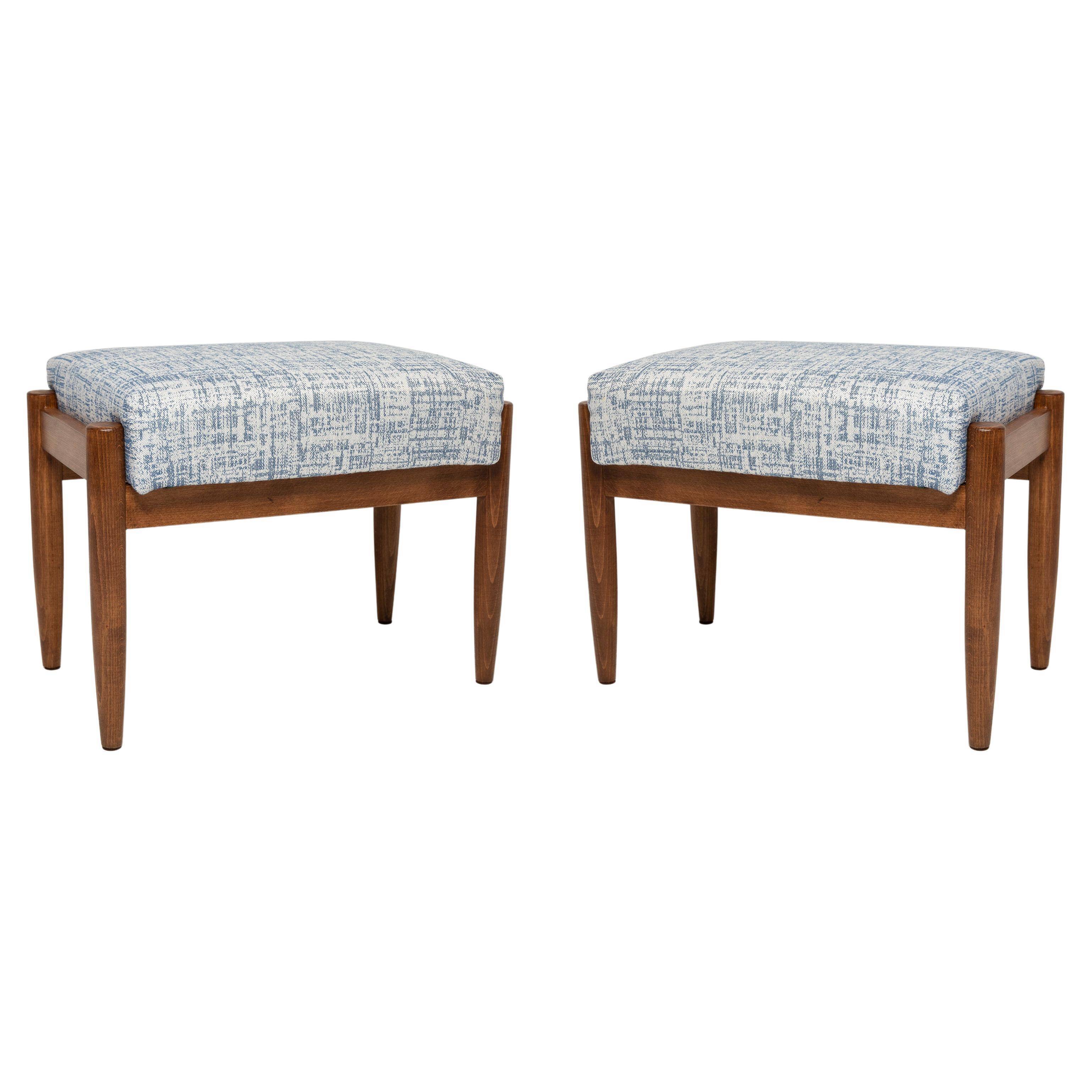 Pair of vintage stools in white and blue linen from the mid-century, Edmund Homa, 1960s.