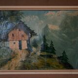 Oil on canvas mountain landscape with chalet 1940