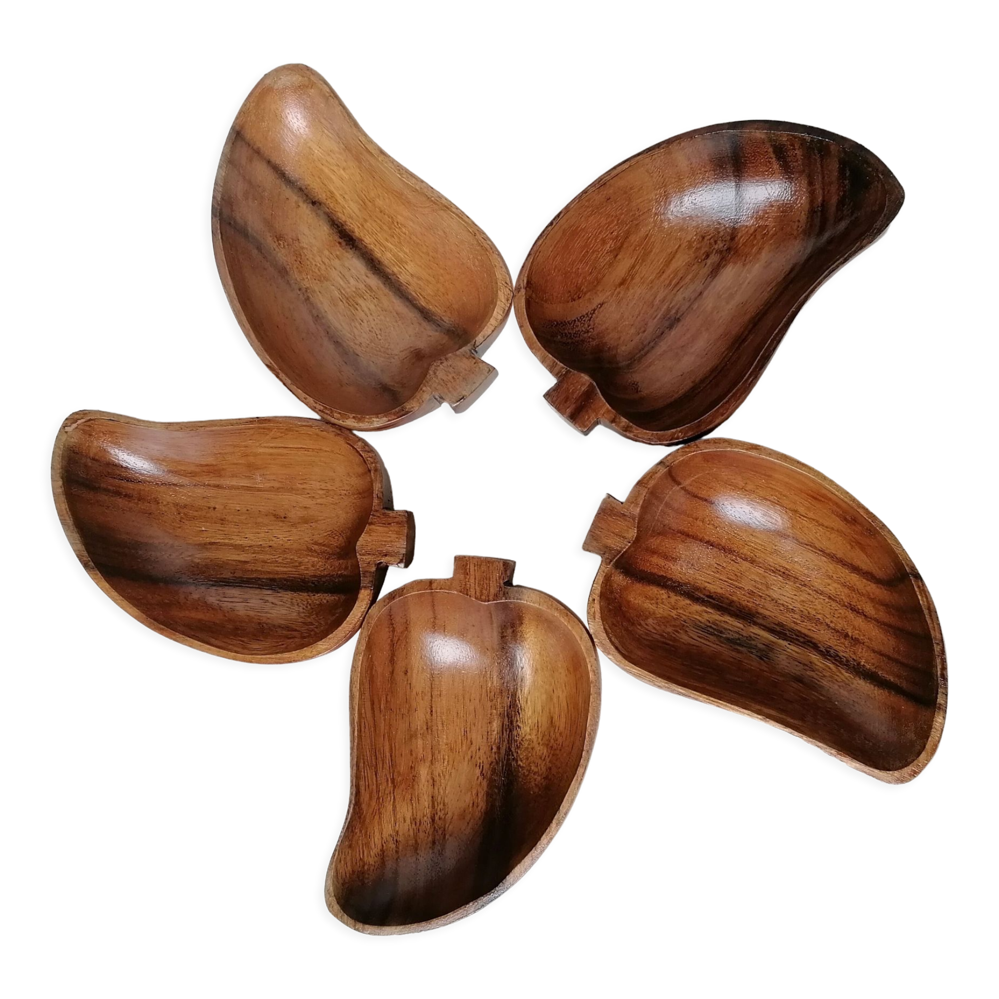 5 pear-shaped teak wood cups