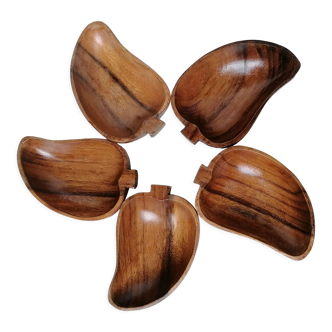 5 pear-shaped teak wood cups
